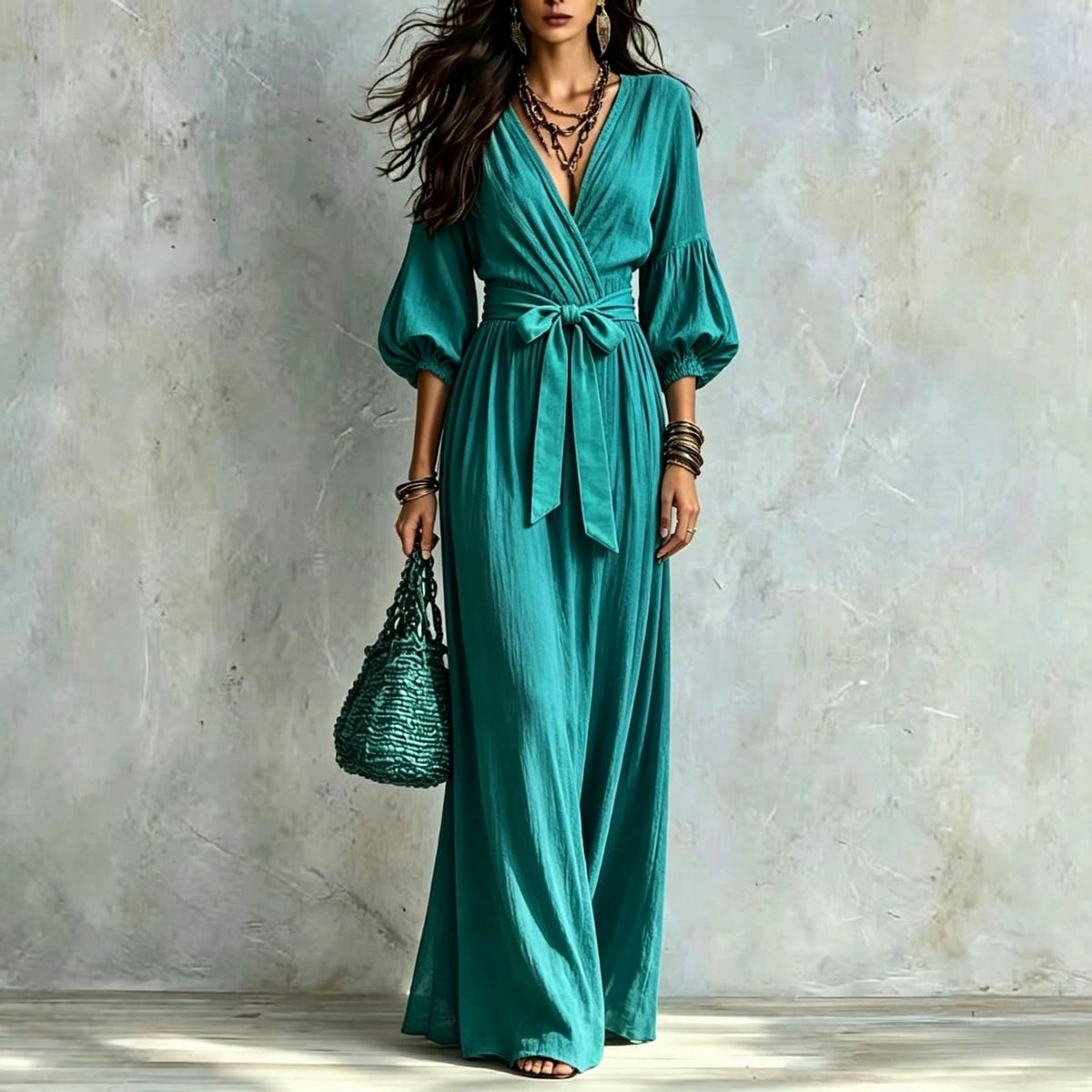 V‑Neck Wrap Belted Textured Wide‑Leg Jumpsuit With Balloon Sleeves - Malachite Green / S
