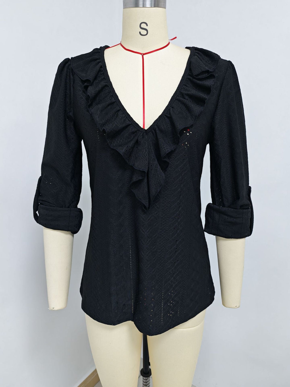 Ruffle V-Neck Eyelet Blouse