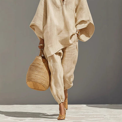 Ensemble lin neutre pour femme avec ourlet asymétrique & design minimaliste, ensemble de style décontracté‑quotidien sophistiqué