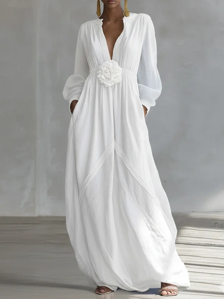 Long Puff Sleeve Textured Fabric Flowy Wedding Guest Dress with Side Pockets