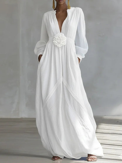 Long Puff Sleeve Textured Fabric Flowy Wedding Guest Dress with Side Pockets