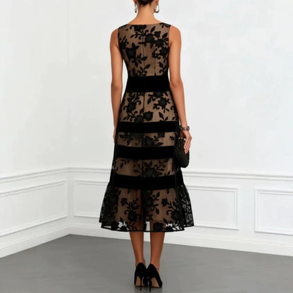 Nude Mesh Black Floral Lace Velvet Strip Sleeveless Midi Dress