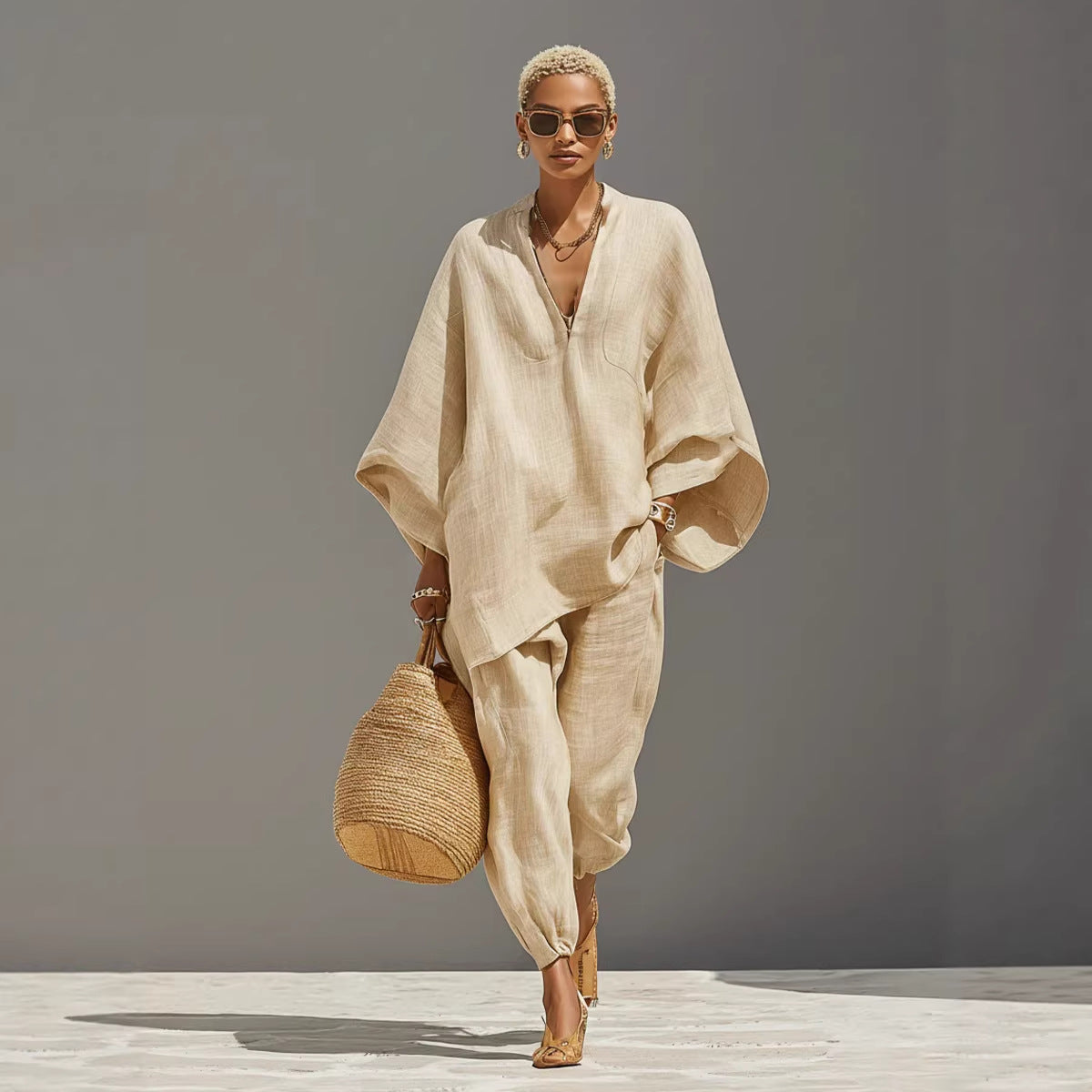 Ensemble lin neutre pour femme avec ourlet asymétrique & design minimaliste, ensemble de style décontracté‑quotidien sophistiqué