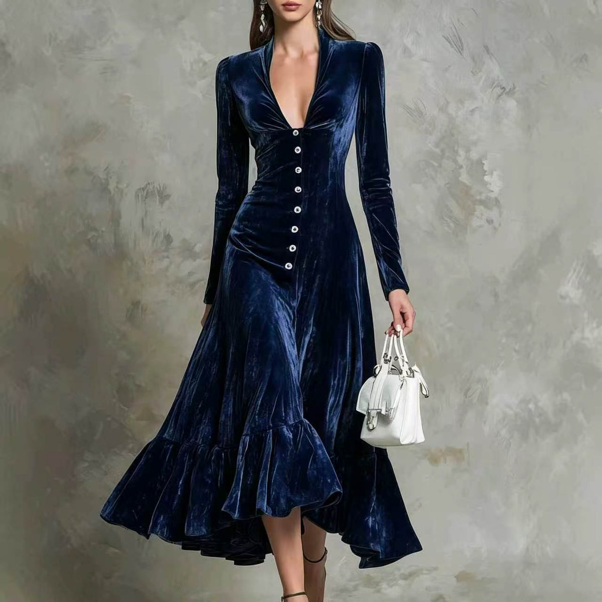 Robe midi en velours boutonnée sur le devant