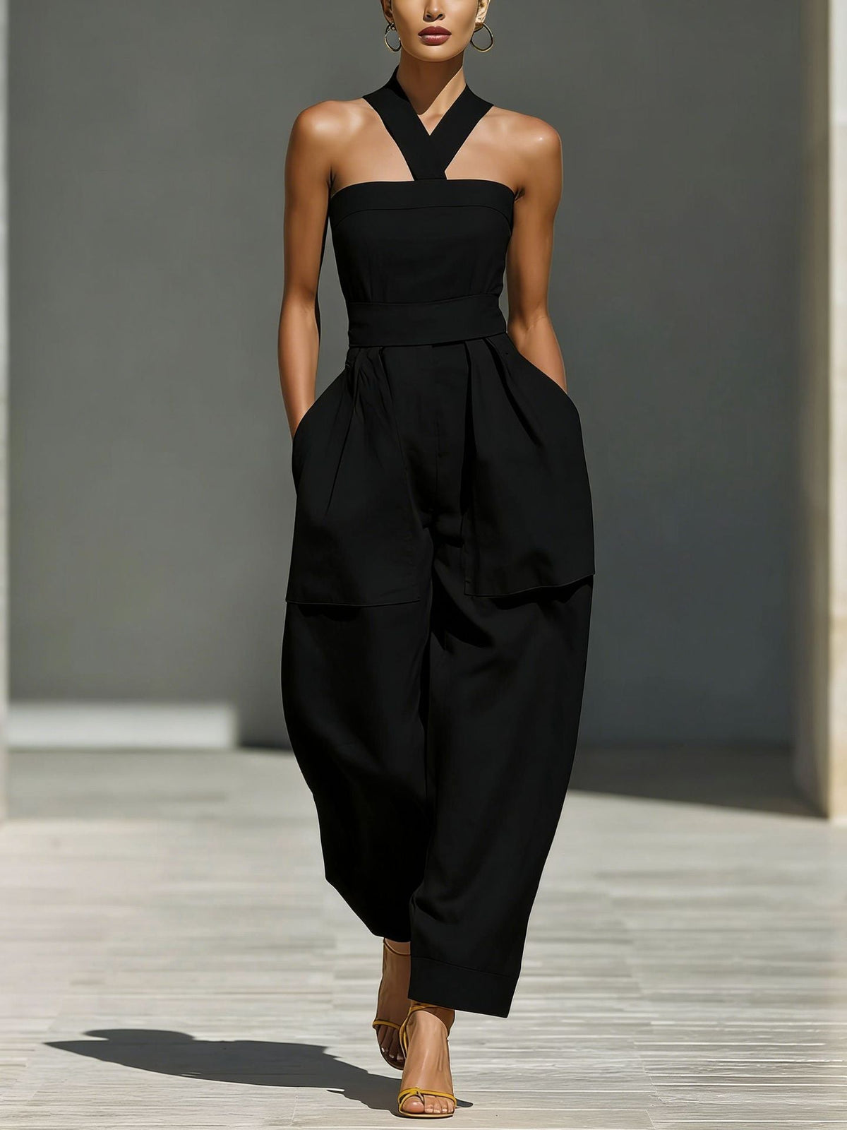 Linen Halter Wide Leg Pocketed Jumpsuit
