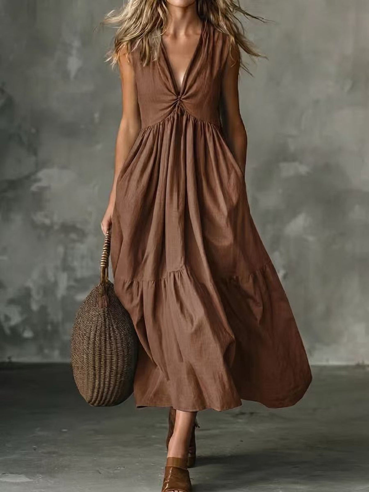 Twist Front V-Neck Sleeveless Pocket Textured Flowy Maxi Dress