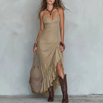 Boho Lace Trim Ruched Slit Maxi Cami Dress