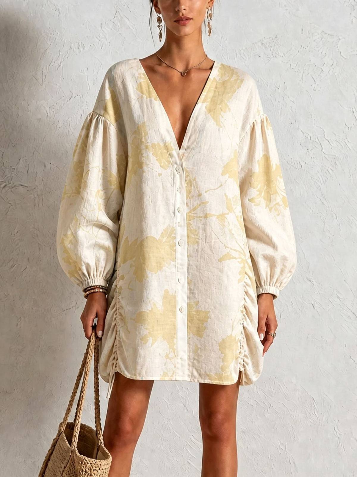 Mini-robe chemise boutonnée en mélange de lin à imprimé floral