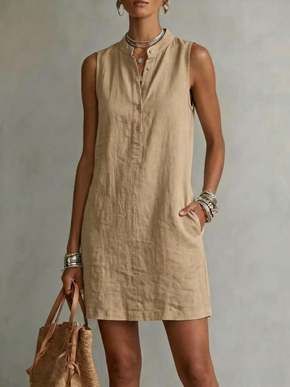 Robe mini en lin sans manches à boutons