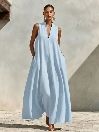 Stand Collar Sleeveless Linen Blend Pocketed Oversized Maxi Dress