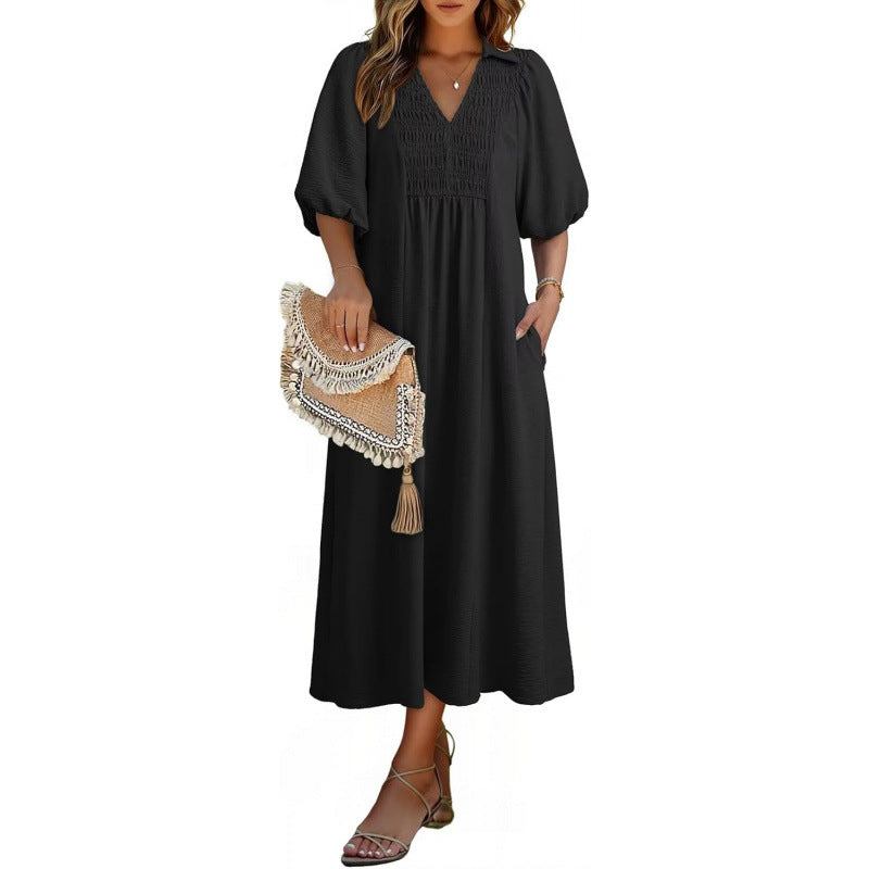 Smocked V‑Neck Puff‑Sleeve Midi Dress - Black / S