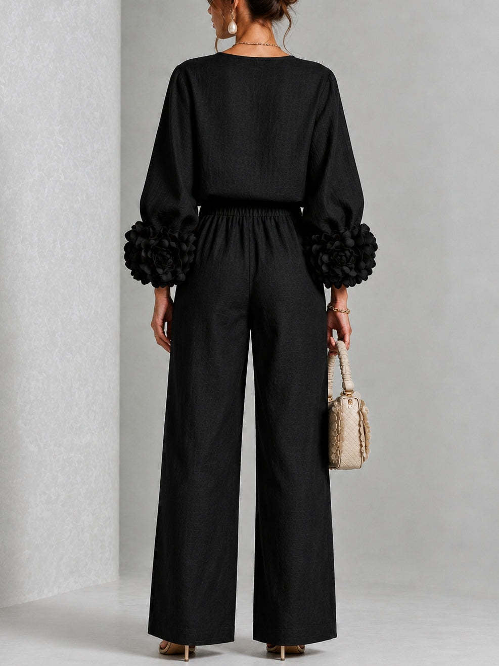 Pink Top Featuring Striking Floral Cuffs Paired With Wide-leg Pants Suit