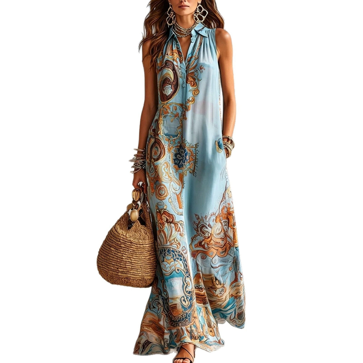 Vintage Baroque Print Sleeveless Maxi Shirt Dress