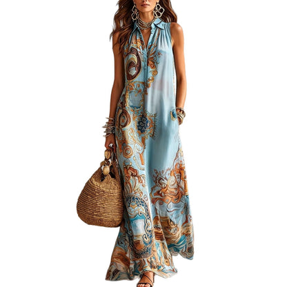 Vintage Baroque Print Sleeveless Maxi Shirt Dress