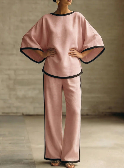 Women'S Elegant Round Neck Loose Bat Sleeves Cotton And Linen Two-Piece Set