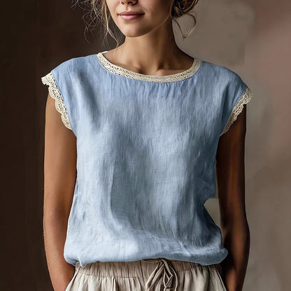 Women'S Retro Loose Solid Color Round Neck Lace Splicing Sleeveless Linen Shirt