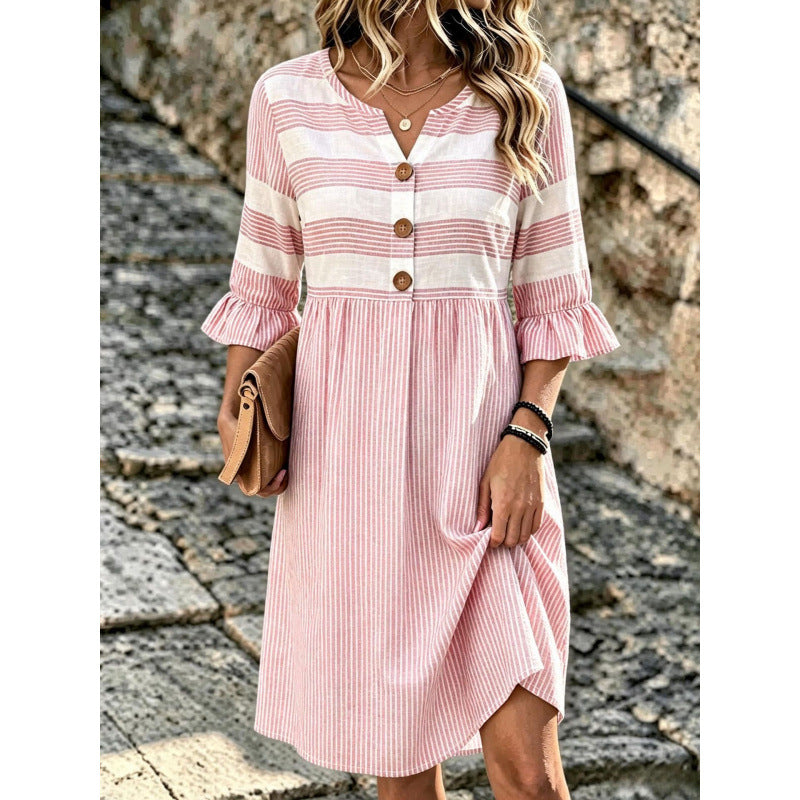 Robe mi-longue en lin mélangé à imprimé rayé et motifs mélangés Stripe