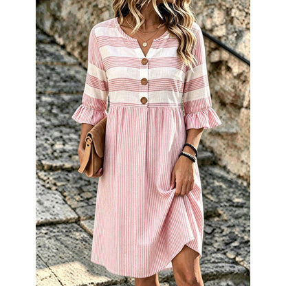 Robe mi-longue en lin mélangé à imprimé rayé et motifs mélangés Stripe
