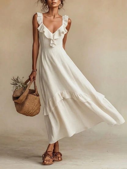 Robe longue maxi mélange lin à volants