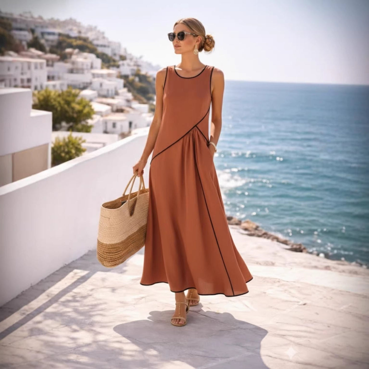 Contrast Piping Sleeveless A-Line Maxi Dress With Side Pockets