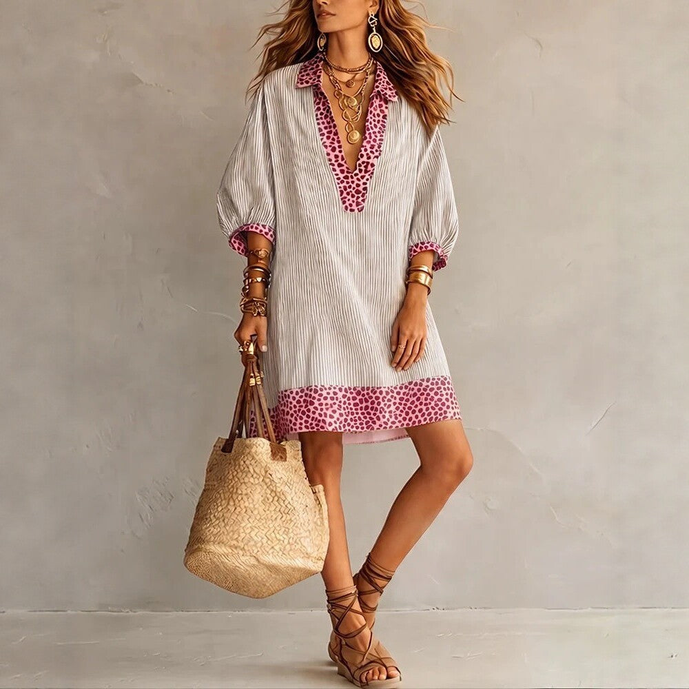 Striped Leopard Trim Loose Shirt Mini Dress