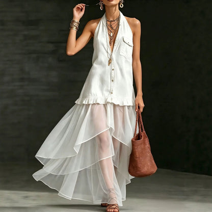 Stylish Elegant Organza-Paneled Denim Maxi Dress