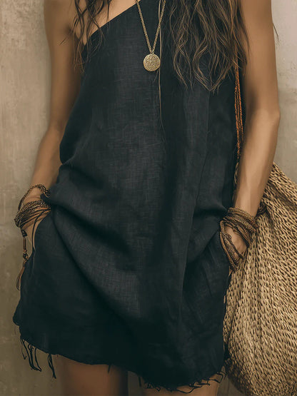 Robe Courte Épaule Unique En Lin Mélangé À Ourlet Effiloché Avec Poches