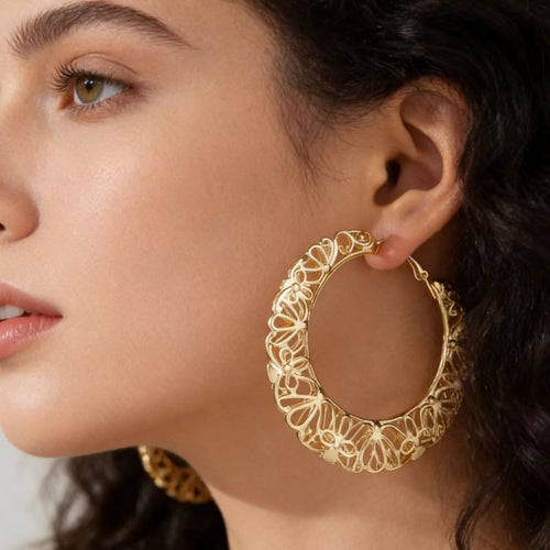 Filigree Floral Cutout Large Hoop Earrings 14K Gold Plated Vintage Hollow Hoop Earrings - Gold