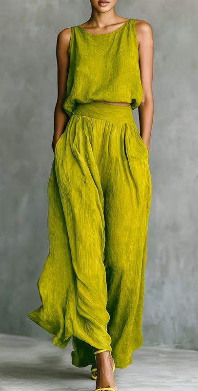 Chartreuse Textured Linen Matching Set, Sleeveless Tank Top & High Waist Flowy Wide Leg Pants