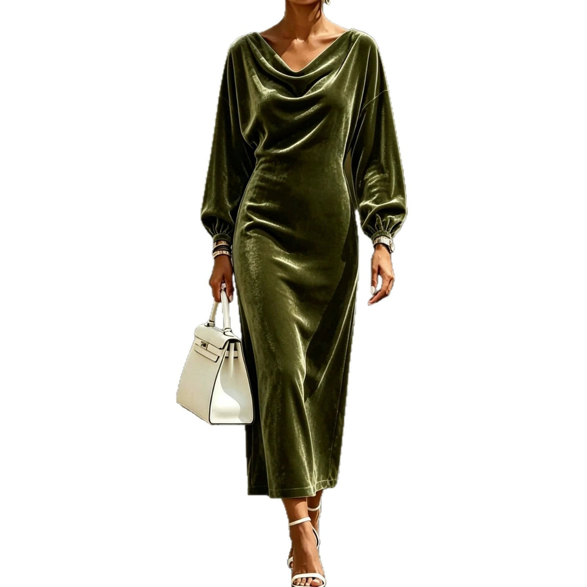 Robe midi en velours à col cache‑cou et manches bouffantes