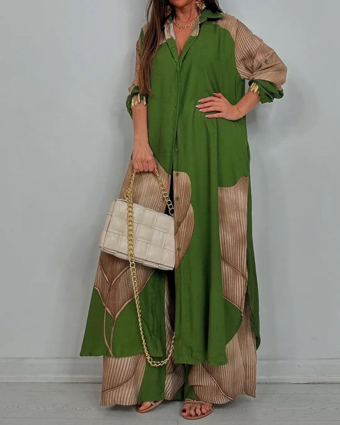 Women’s V-neck Patchwork Top and Pants Casual Set - Green / S - Matching Sets
