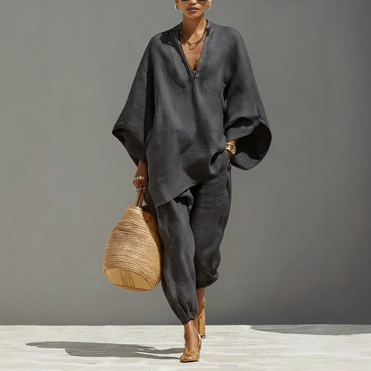 Ensemble lin neutre pour femme avec ourlet asymétrique & design minimaliste, ensemble de style décontracté‑quotidien sophistiqué