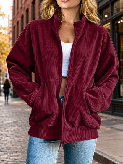 Veste Surdimensionnée en Velours Côtelé avec Fermeture Éclair pour Femme Col Montant Manteau Décontracté
