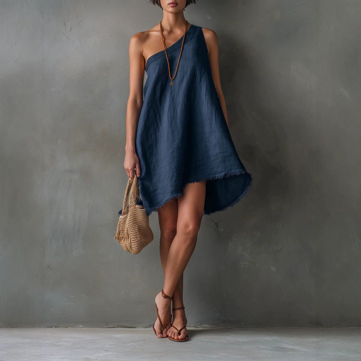Linen One Shoulder Frayed Hem Asymmetrical Mini Swing Dress
