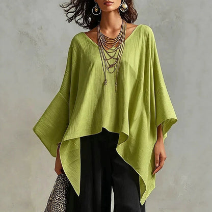 Women's V-neck 3/4-sleeve Casual Loose Cotton-linen Top