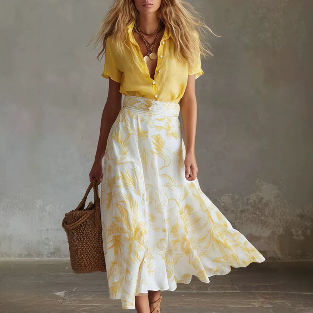 Contrast Floral Skirt Shirt Matching Co-ord Set