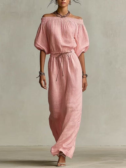 Off‑The‑Shoulder Linen‑Blend Maxi Dress - Pink / S