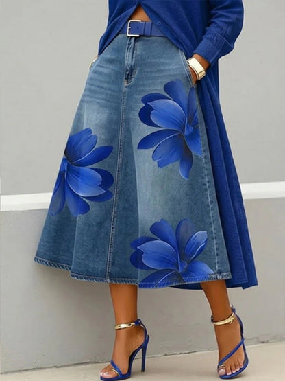 Floral Denim Midi Skirt