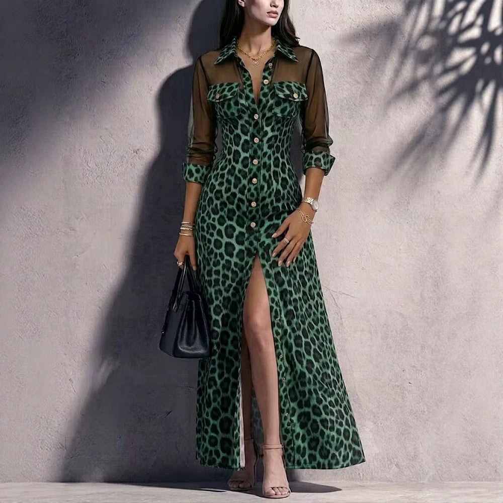 Leopard Print Mesh Sleeve Maxi Shirt Dress