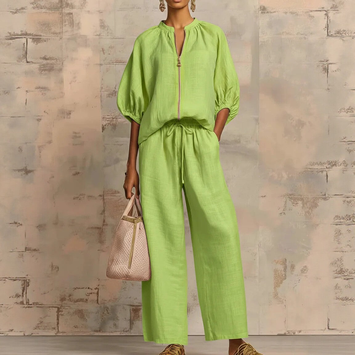 Nouveautés🔥 Ensemble deux‑pièces en lin et coton : chemise zippée élégante et confortable et pantalon à jambes larges