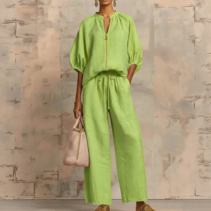 Nouveautés🔥 Ensemble deux‑pièces en lin et coton : chemise zippée élégante et confortable et pantalon à jambes larges