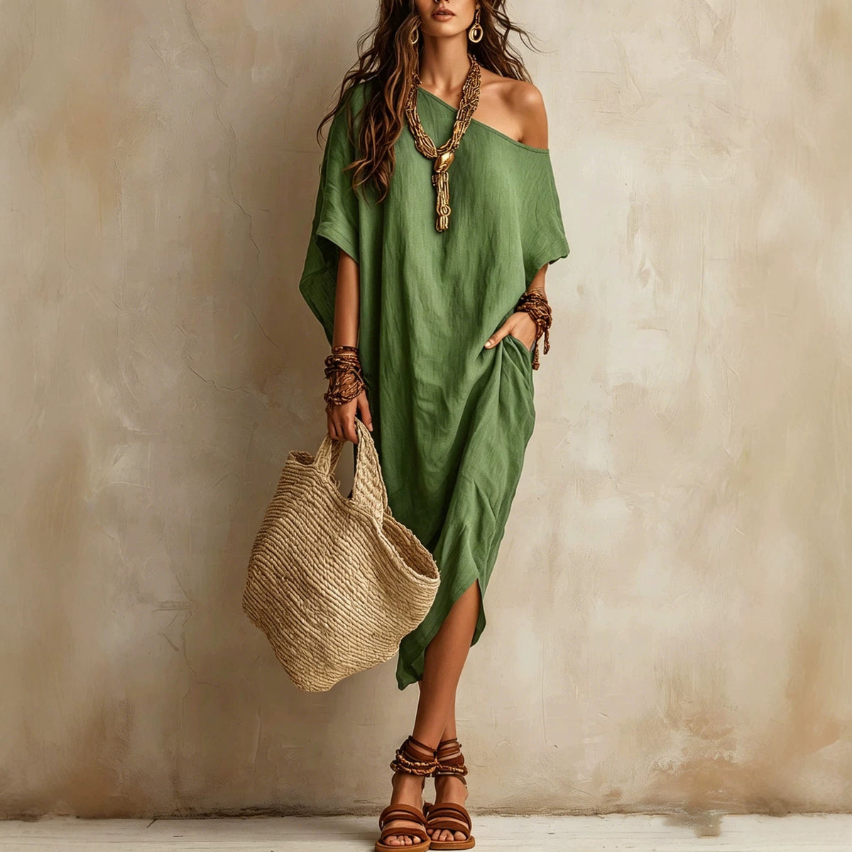 Slanted Shoulder Cotton And Linen Dress Women'S Loose Bat Sleeves Mid-Length Slit Holiday Dress