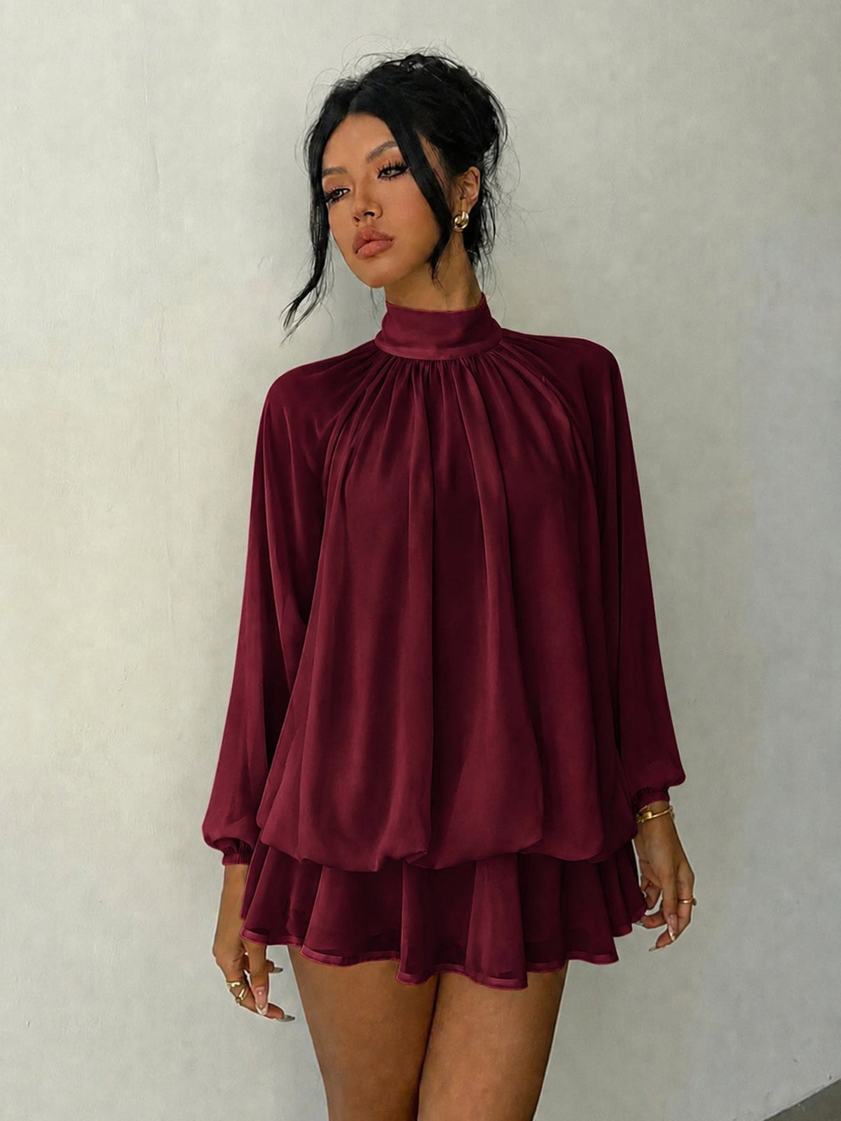 Mock Neck Long Sleeve Skort Dress Women Solid Ruffle Layer Hem Loose Casual Mini Dress - Burgundy / XS