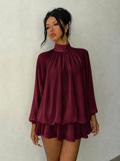 Mock Neck Long Sleeve Skort Dress Women Solid Ruffle Layer Hem Loose Casual Mini Dress - Burgundy / XS