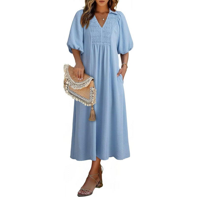 Smocked V‑Neck Puff‑Sleeve Midi Dress - Blue / S