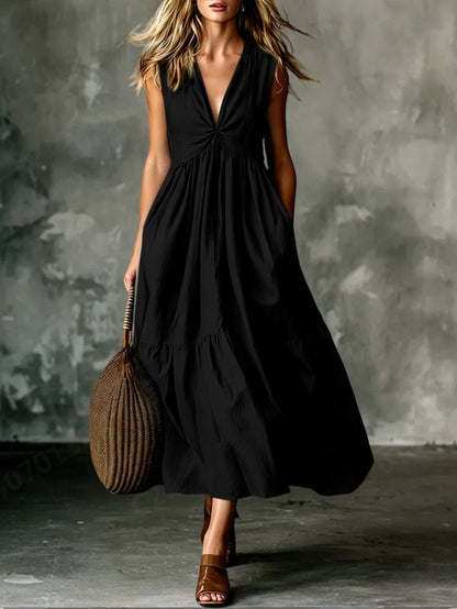 Twist Front V-Neck Sleeveless Pocket Textured Flowy Maxi Dress