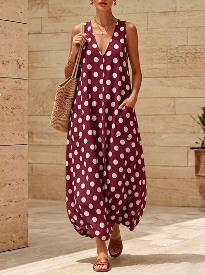 Vintage Polka Dot Sleeveless V-Neck Midi Dress with Side Pockets