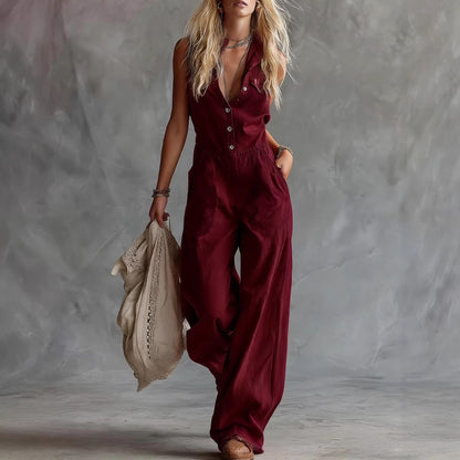 Combinaison pantalon large sans manches pour femme avec col chemise
