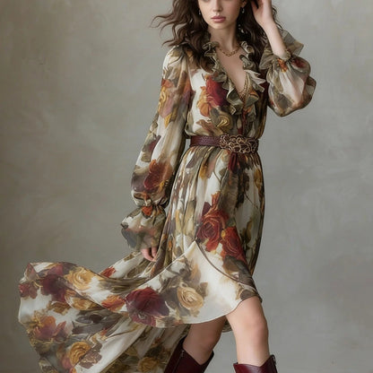 Robe longue en mousseline imprimée roses vintage pour femme, avec volants, col en V et ourlet asymétrique.
