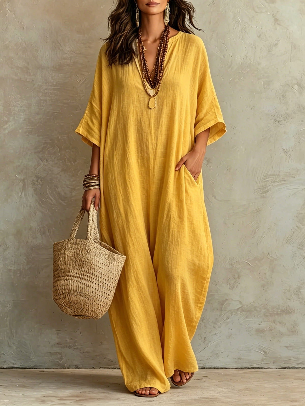 Robe Kaftan Longue Ample en Mélange de Lin à Manches Courtes Col V et Poches
